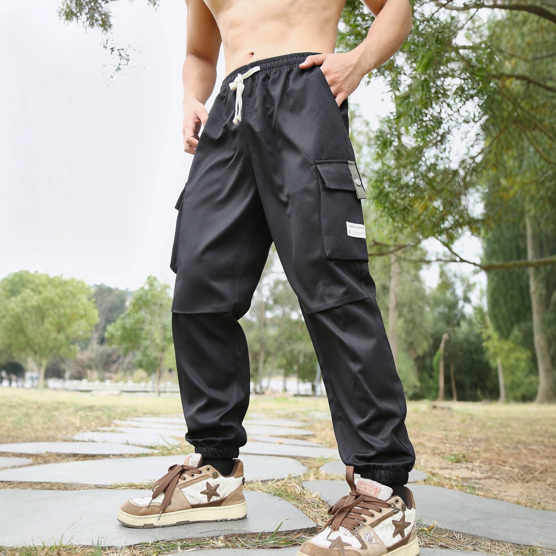 Men's Multifunctional Cargo Jogger Pants with Elastic Tunnel Drawstring Waist, Zippered Side Pockets, and Reinforced Knee Inserts Chichicherry