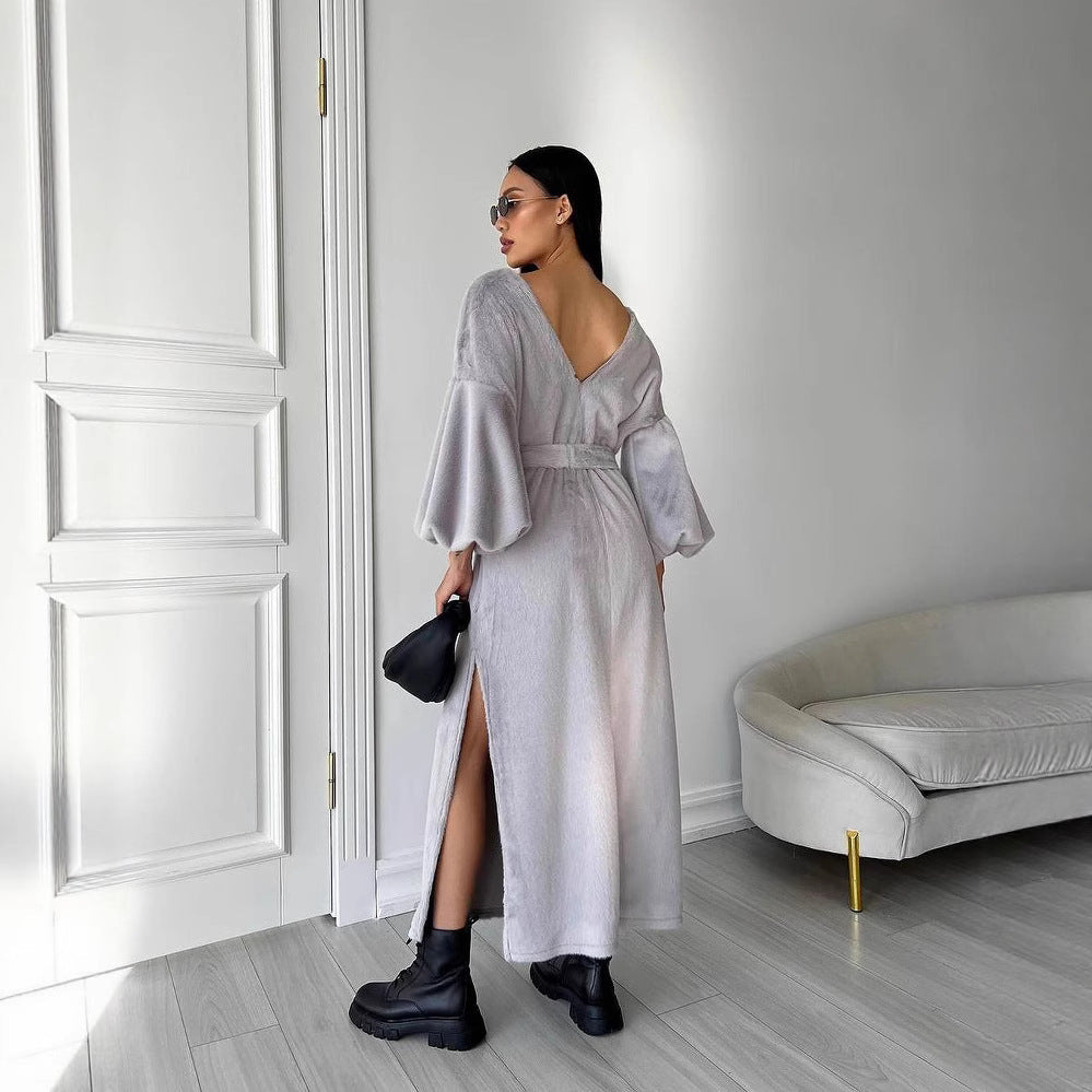 Damen Kuschel-Midikleid mit Bindegürtel und Ballonärmeln Chichicherry