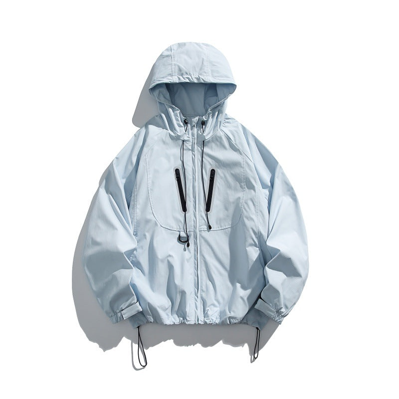 Unisex Technical Hooded Windbreaker in Boxy Cut with Vertical Chest Zippers and Drawstring Hem Chichicherry