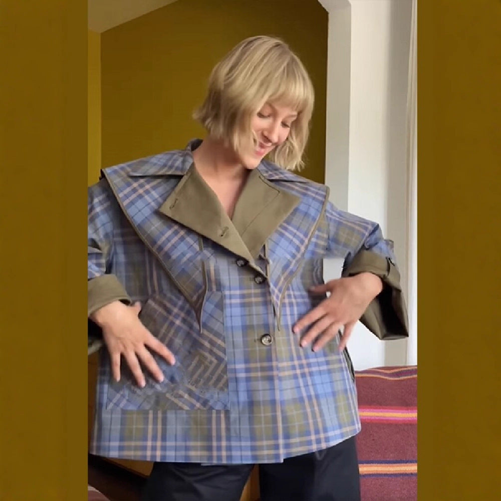 Women’s short jacket with check collar, tie scarf, and monogram pocket Chichicherry