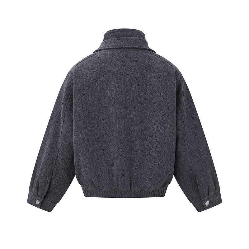 Men's Boxy Wool Blend Blouson Jacket with Asymmetric Double Fastening and High Stand-Up Collar Chichicherry