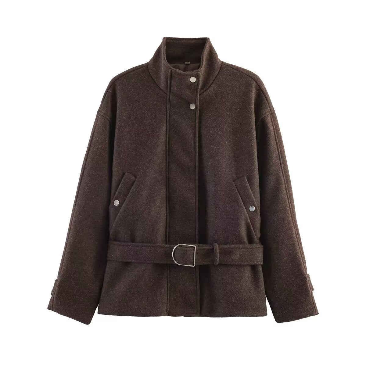 Women's short jacket made of wool blend with belt and stand-up collar Chichicherry