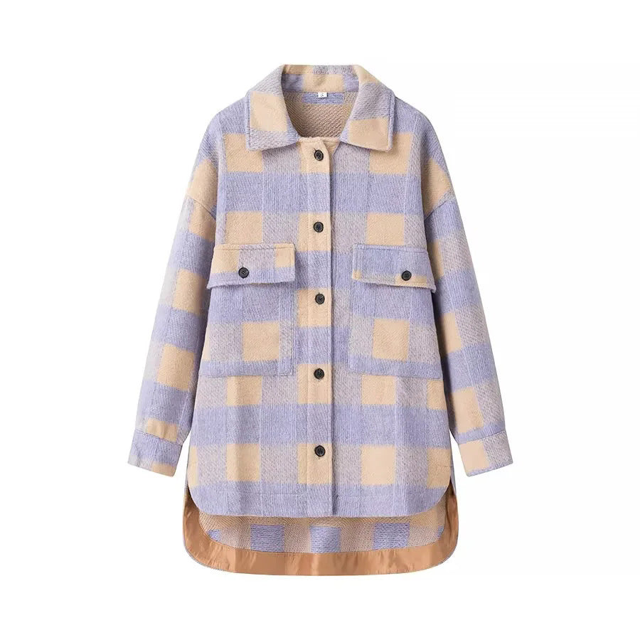 Women's Oversized Checked Shacket with Patch Chest Pockets and Rounded Hemline Chichicherry
