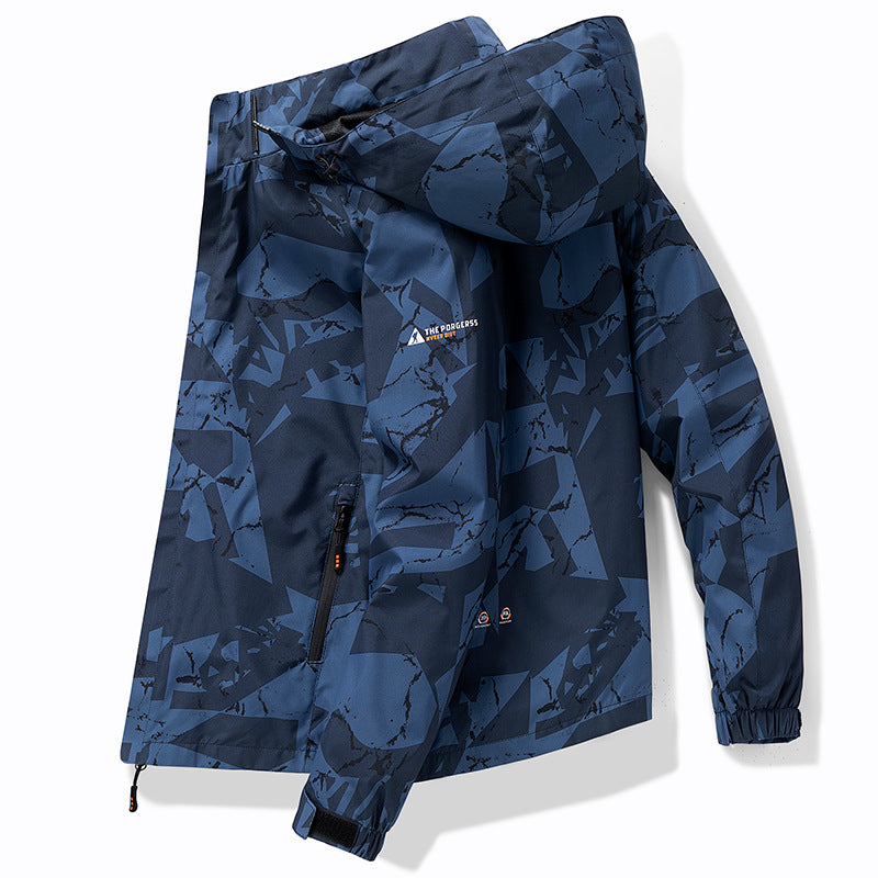 Men's technical waterproof hooded jacket with graphic camouflage print, zippered pockets, and adjustable hem Chichicherry