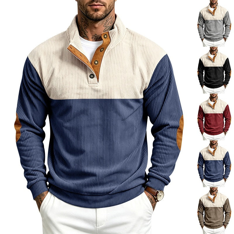 Men's Structured Ribbed Henley Half-Zip with Stand Collar and Elbow Patches Chichicherry