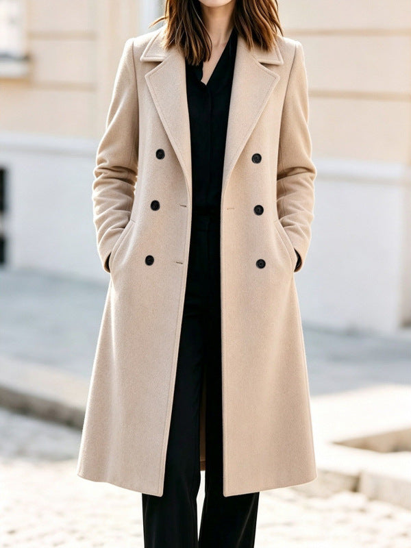 Women's Classic Double-Breasted Wool Blend Coat with Contoured Waist Chichicherry