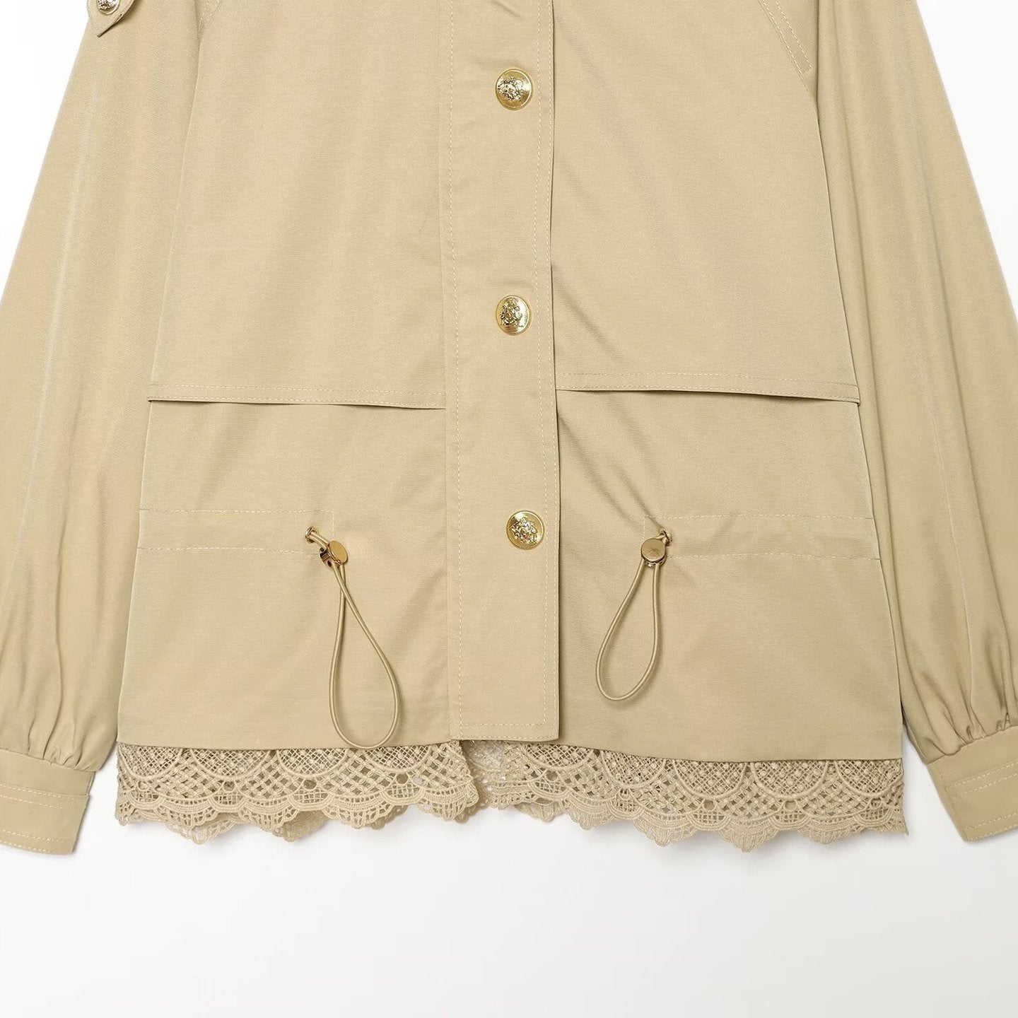 Women's lightweight field jacket with drawstring, stand-up collar, epaulettes, and lace trim Chichicherry
