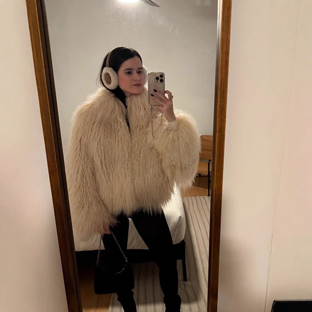 Women's Boxy Faux Fur Bomber Jacket with Curly Lambskin Look and Extra Volume Chichicherry