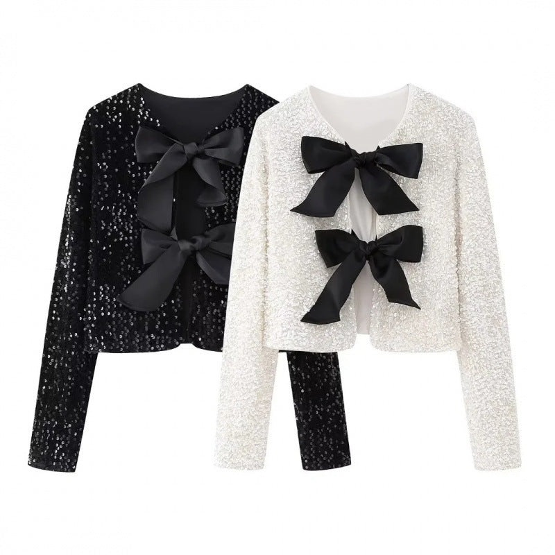 Women Sequin Bolero Jacket with Decorative Satin Bows Chichicherry
