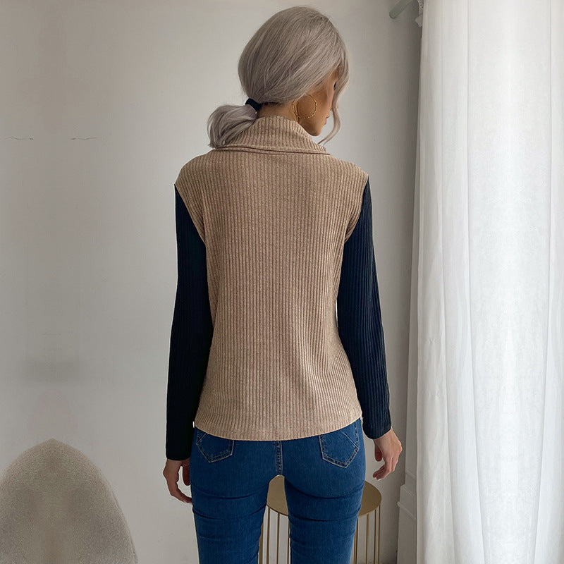 Women’s Asymmetrical Rib Knit Top with Button Detail and Stand-Up Collar Chichicherry
