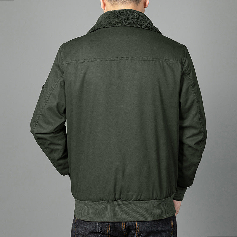 Men's teddy-lined pilot jacket in worker style with arm pocket and flap pockets.