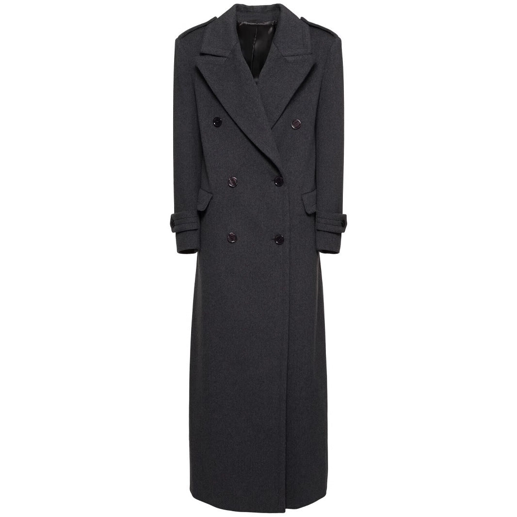 Women Long Double-Breasted Wool Coat with Waist Belt Chichicherry