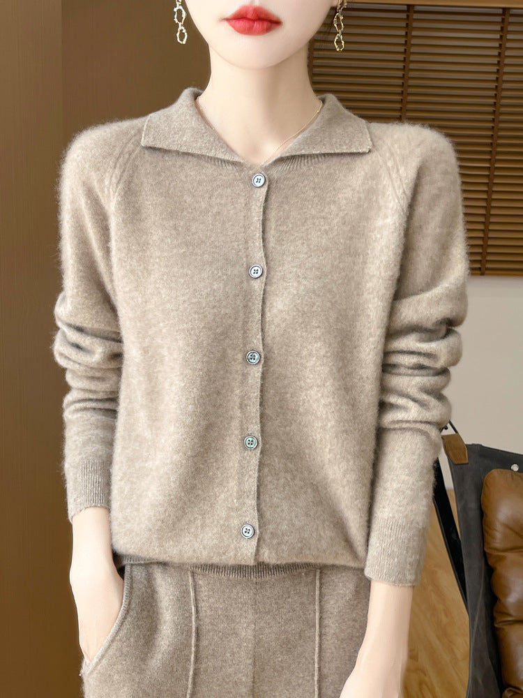 Women Cozy Lapel Collar Cardigan in Cashmere Look with Mohair Effect Chichicherry