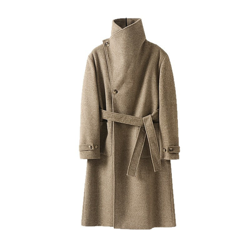 Men's Maxilength Wool Coat with High Stand-up Collar, Asymmetric Button Placket and Tied Belt Chichicherry