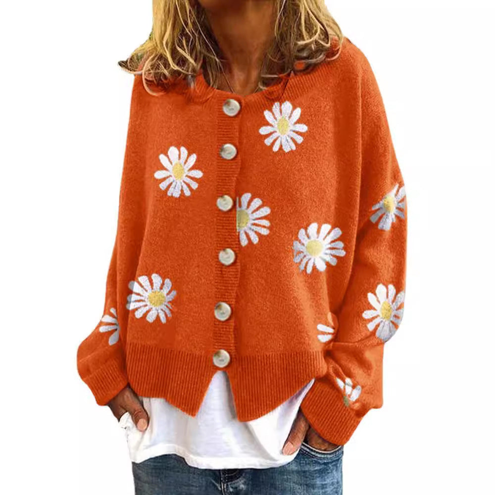 Women's Oversized Knit Cardigan with Button Placket and Daisy Print Chichicherry