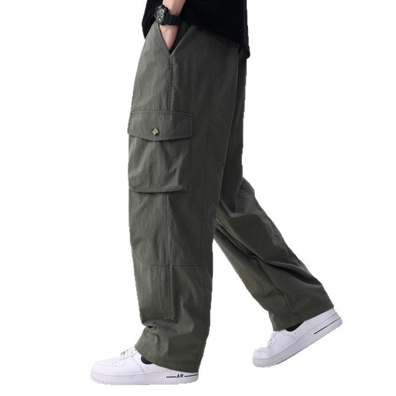 Men's Wide Utility Cargo Pants made of Cotton Blend with Drawstring Waist and Flap Pockets Chichicherry