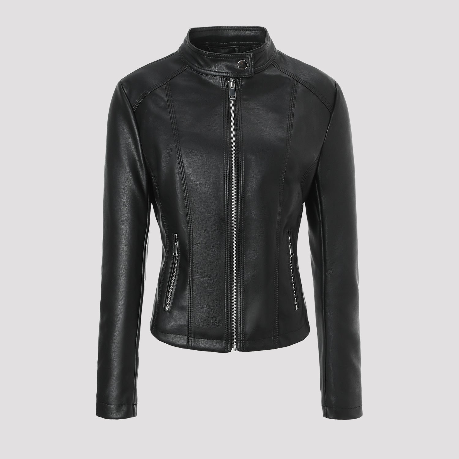 Women Tailored Leather Jacket with Stand-Up Collar, Vertical Decorative Seams and Zipper Pockets Chichicherry