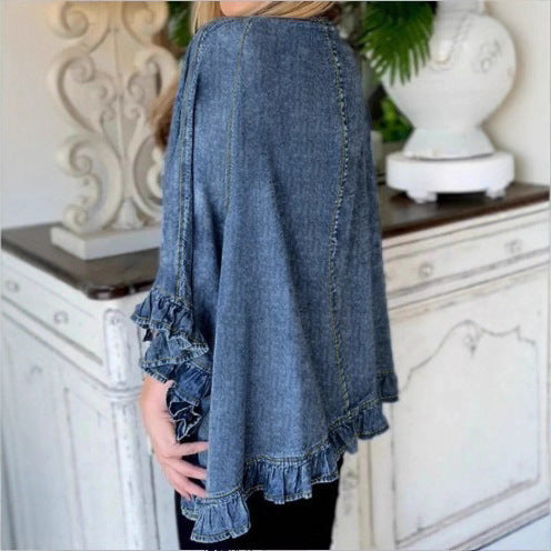Women Oversized Jeans Kimono with Ruffle Edge and Open Fall Chichicherry