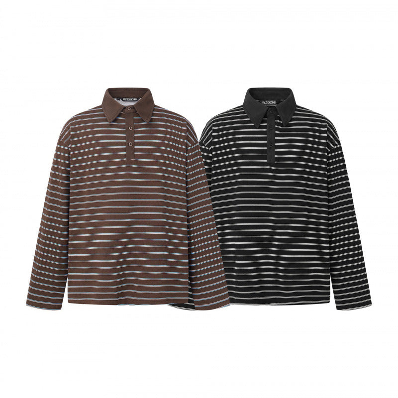 Unisex Long Sleeve Polo Shirt in Oversized Cut made from Cotton Jersey with Stripes and Henley Button Placket Chichicherry