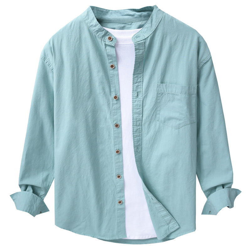 Men's shirt jacket in Mandarin style made of cotton twill, relaxed fit, with patch chest pocket and wooden buttons Chichicherry