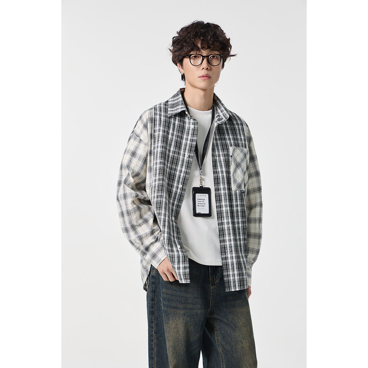 Unisex Checkered Overshirt in Patchwork Look with Chest Pocket Chichicherry