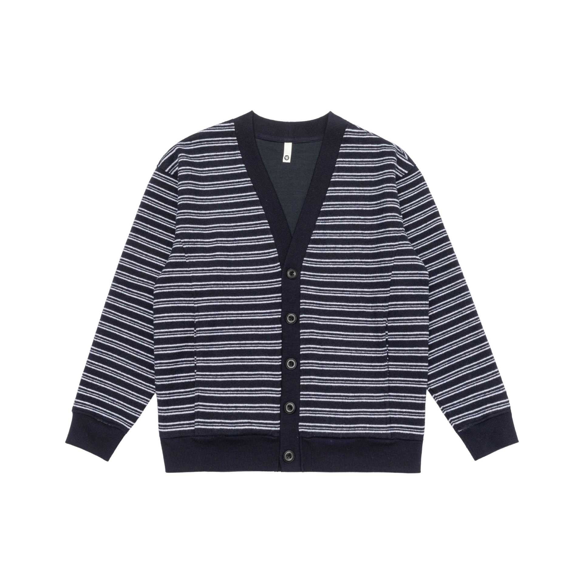 Men's Striped Button Cardigan with V-Neck, Patch Pockets and Ribbed Cuffs Chichicherry