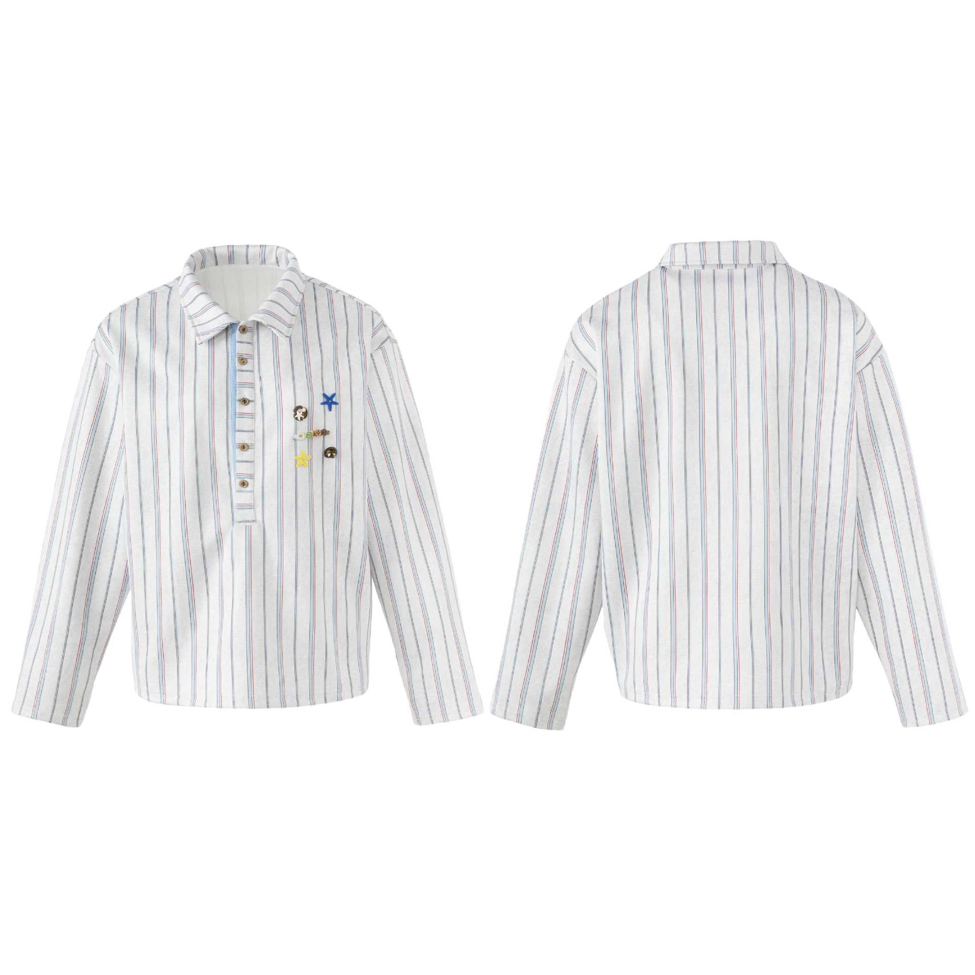 Women's Loose Long Sleeve Shirt with Half Button Placket, Striped Pattern and Decorative Buttons Chichicherry