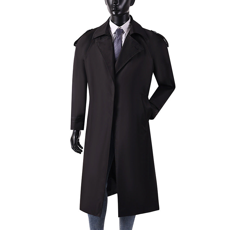 Men's elegant knee- to calf-length trench coat with concealed button placket and shoulder epaulettes Chichicherry