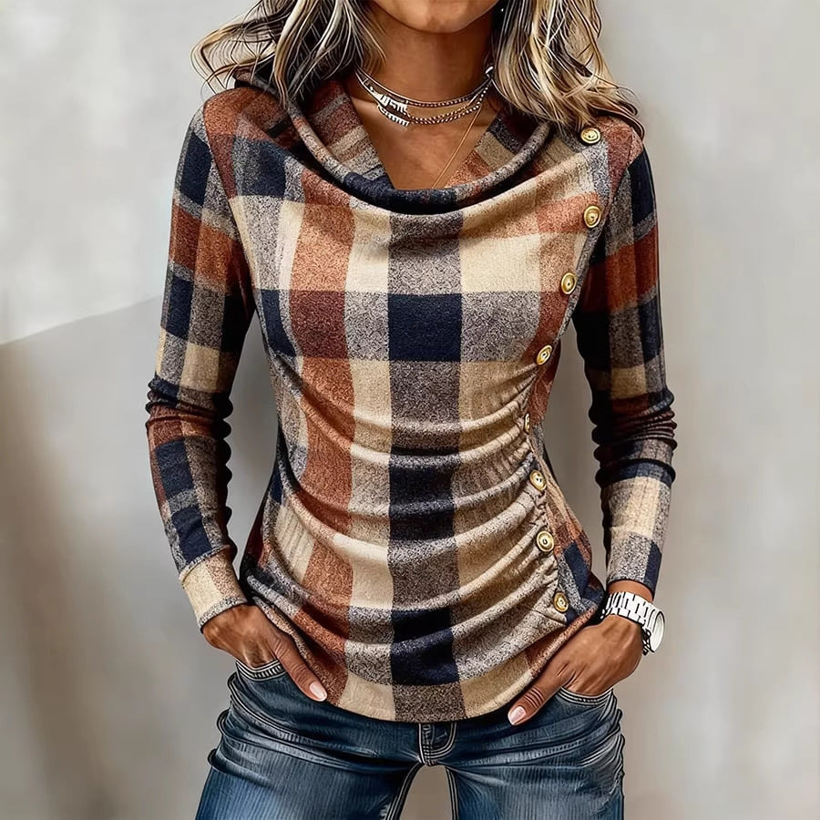 Women's checked fitted long-sleeve shirt with waterfall neckline and side button placket Chichicherry