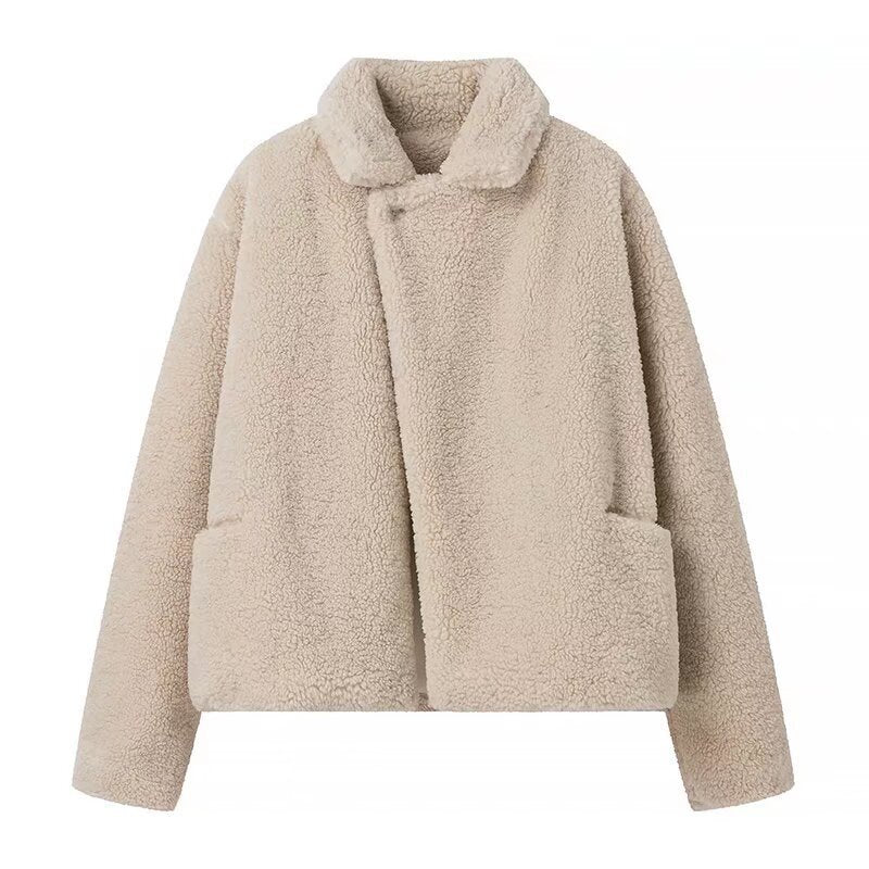Women's Short Cropped Teddy Boxy Jacket with Shawl Collar and Practical Insert Pockets Chichicherry