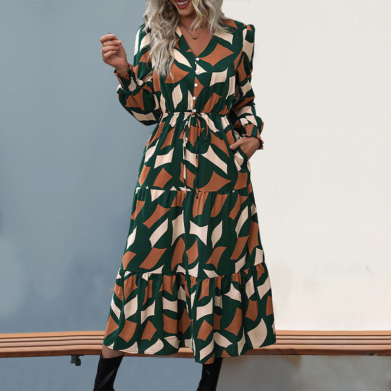 Women's Long Tiered Maxi Dress with Graphic Print, V-Neck, Drawstring Waist and Gathered Cuffs Chichicherry