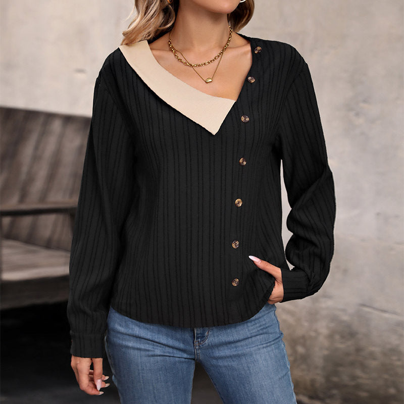 Women's ribbed top with asymmetrical button placket and contrasting V-insert Chichicherry