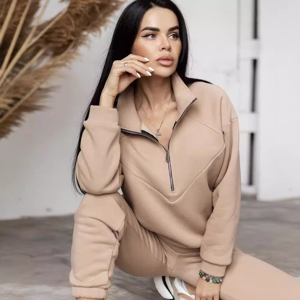 Damen Zweiteiliges Sweat-Loungewear-Set mit Troyer-Reißverschluss und elastischer Jogginghose Chichicherry