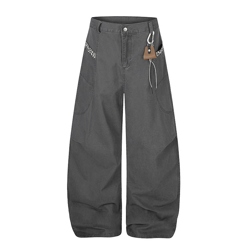 Women Extra Wide Palazzo Trousers with High Waist, Cargo Pockets and Decorative Keychain Chichicherry
