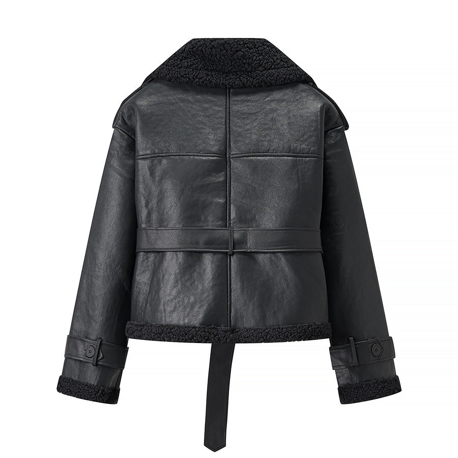 Women Short Flight Jacket Made of Faux Leather with Teddy Fur Collar and Waist Belt Chichicherry