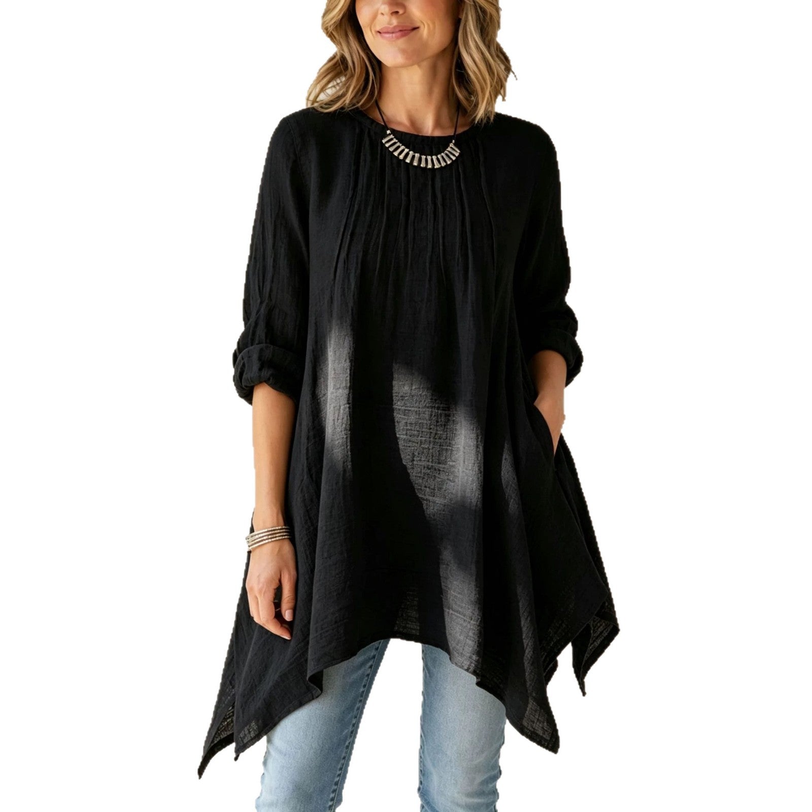 Women's Casual Tunic Blouse with Asymmetrical Hem, Fine Waffle Structure and Box Pleats