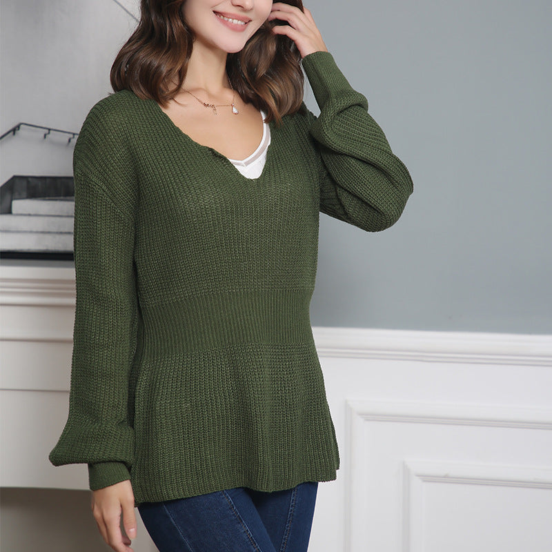 Women's Loose Fine Knit Sweater with V Notch Neckline, Fitted Ribbed Hem and Balloon Sleeves Chichicherry