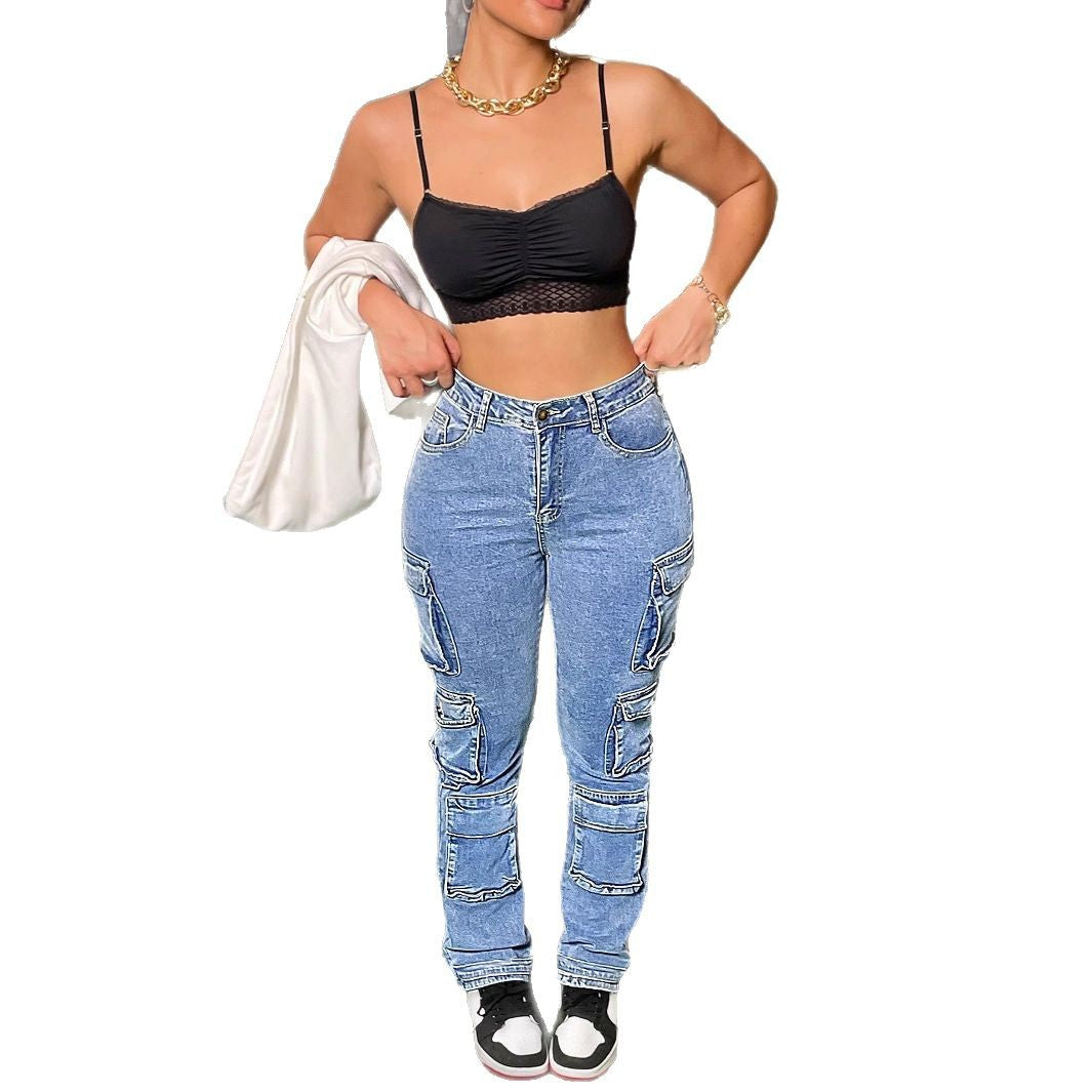 Women High-Waist Cargo Jeans with multiple flap pockets and straight leg Chichicherry