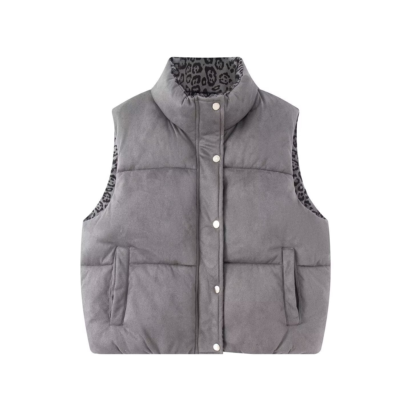 Women Padded Quilted Vest with High Stand-Up Collar and Leopard Print Lining Chichicherry
