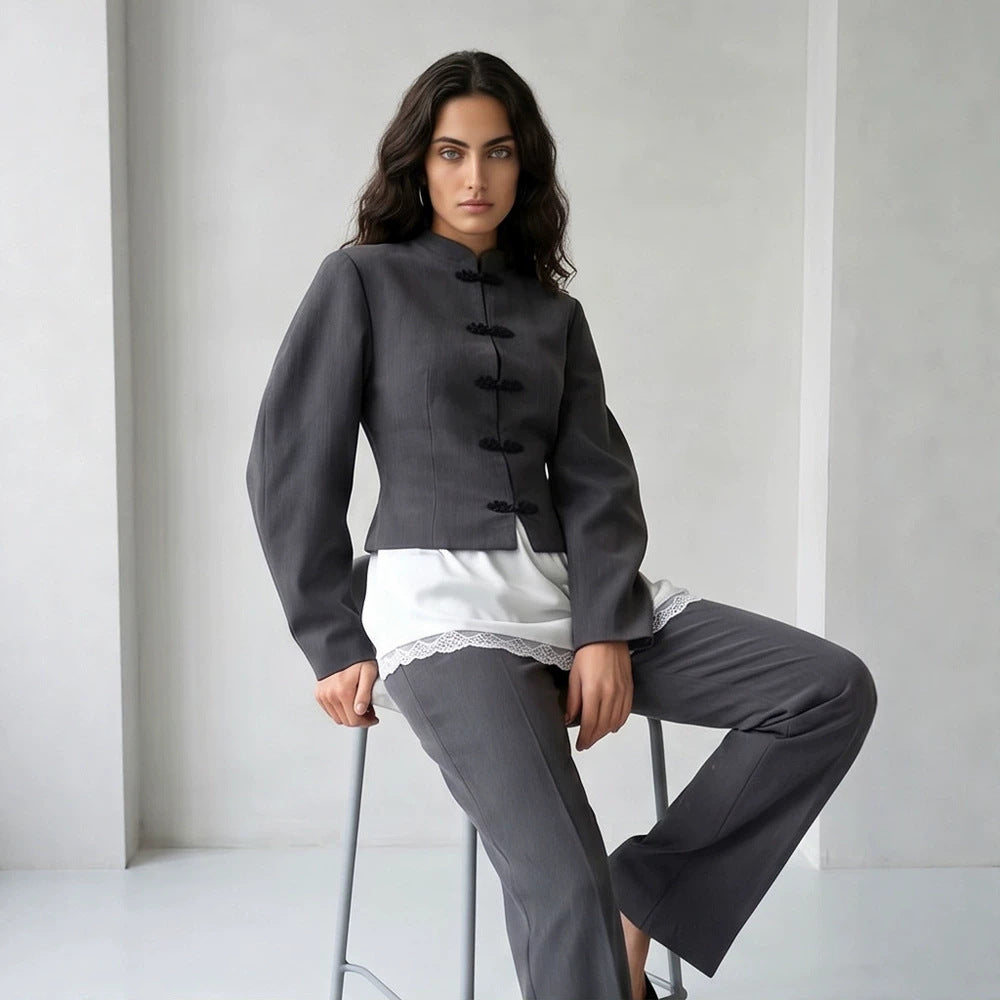 Women's Tailored Cropped Blazer with Mandarin Collar and Decorative Knot Closure Chichicherry