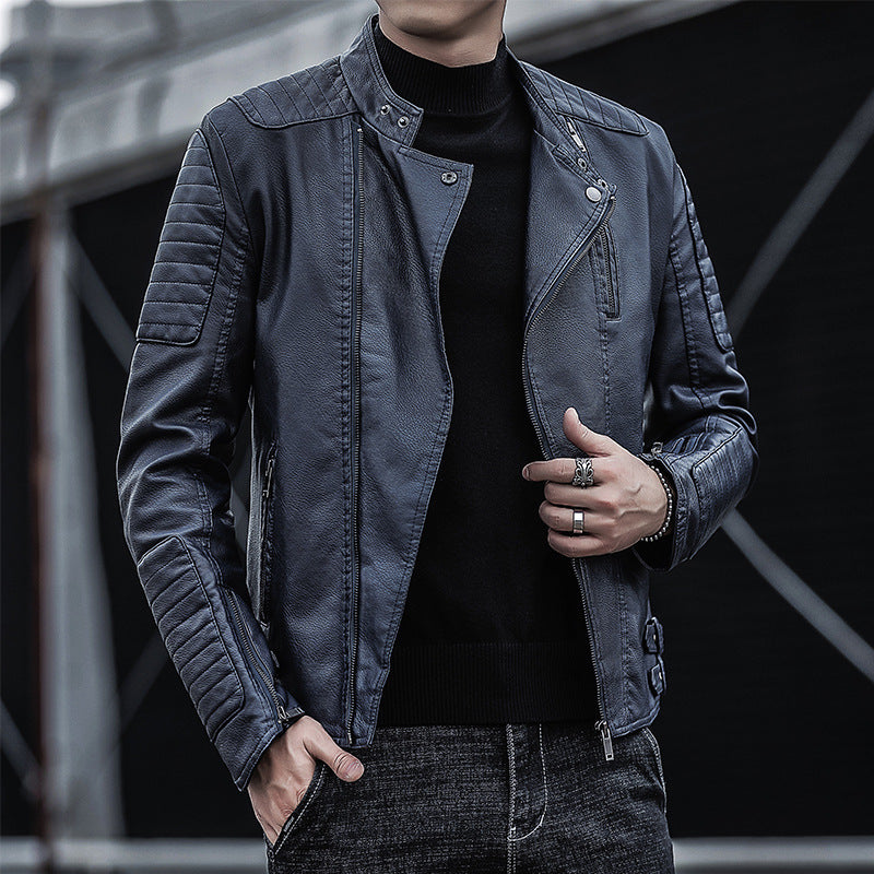 Men's biker jacket made of synthetic leather with quilted sleeve yoke and stand-up collar Chichicherry