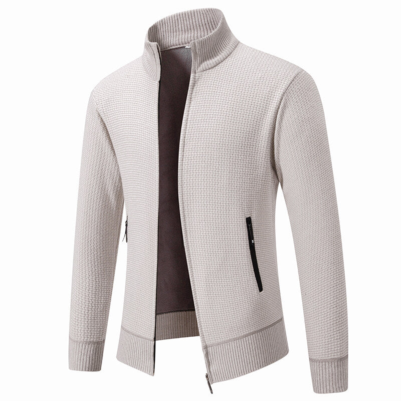 Men's Textured Zip Knit Cardigan with Stand Collar, Waffle Texture and Zipper Pockets Chichicherry