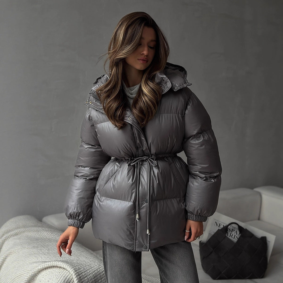 Women Longer padded parka with hood, drawstring waist and oversized silhouette Chichicherry