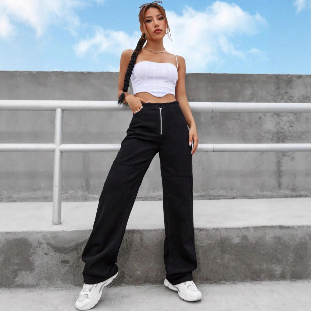 Women's High-Waisted Wide-Leg Jeans with Visible Front Zip, Knee Darts and Raw Hem Chichicherry