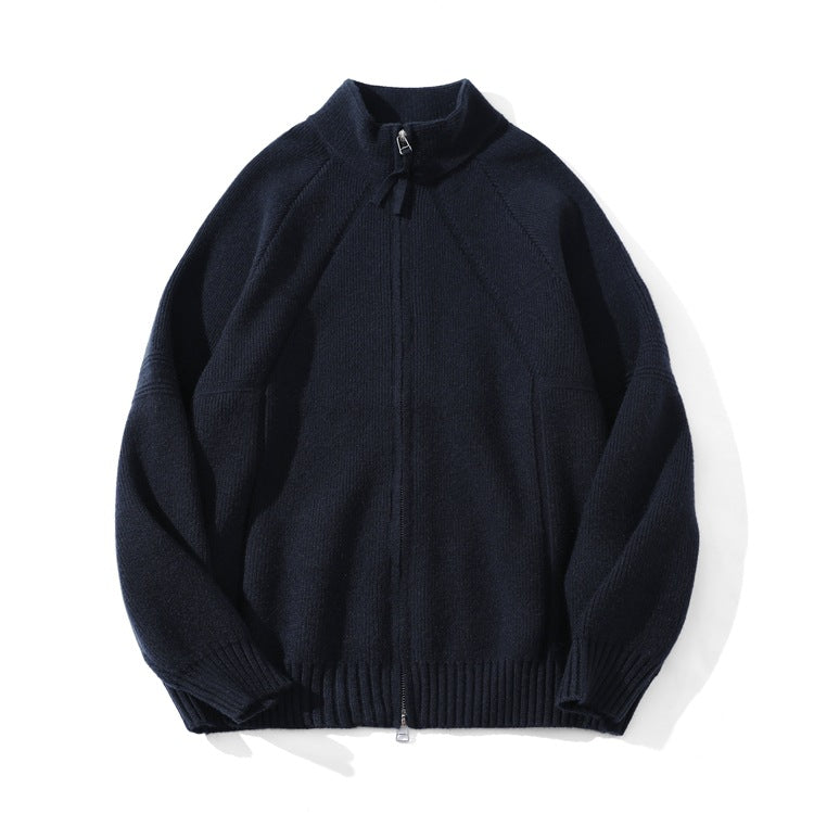 Unisex Coarse Knit Zip Cardigan with Stand-up Collar and Two-way Zipper Chichicherry