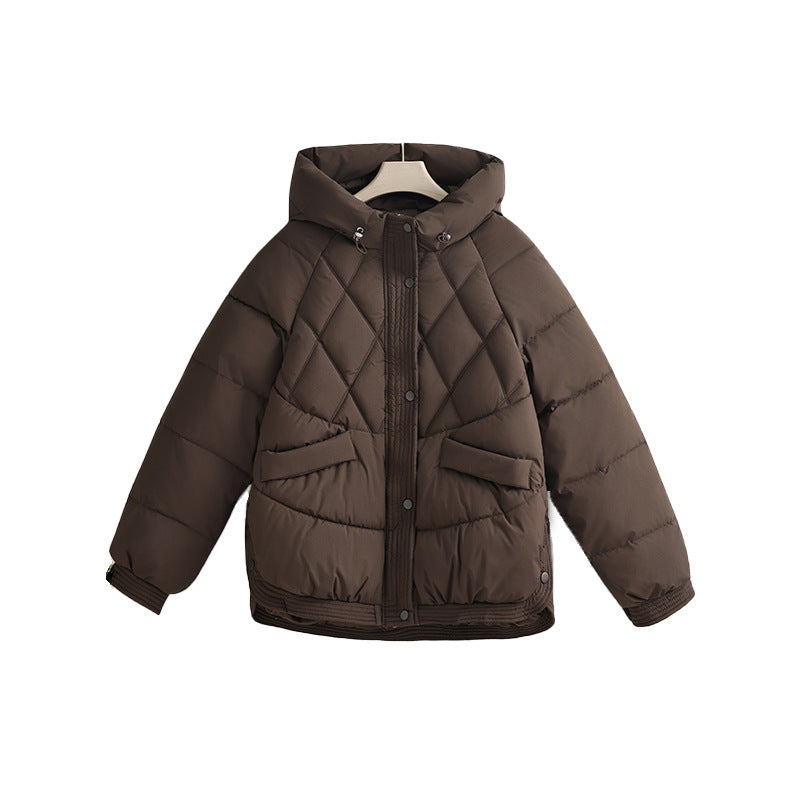 Women nan short padded hooded jacket with diamond quilting, slanted flap pockets and ribbed hem Chichicherry