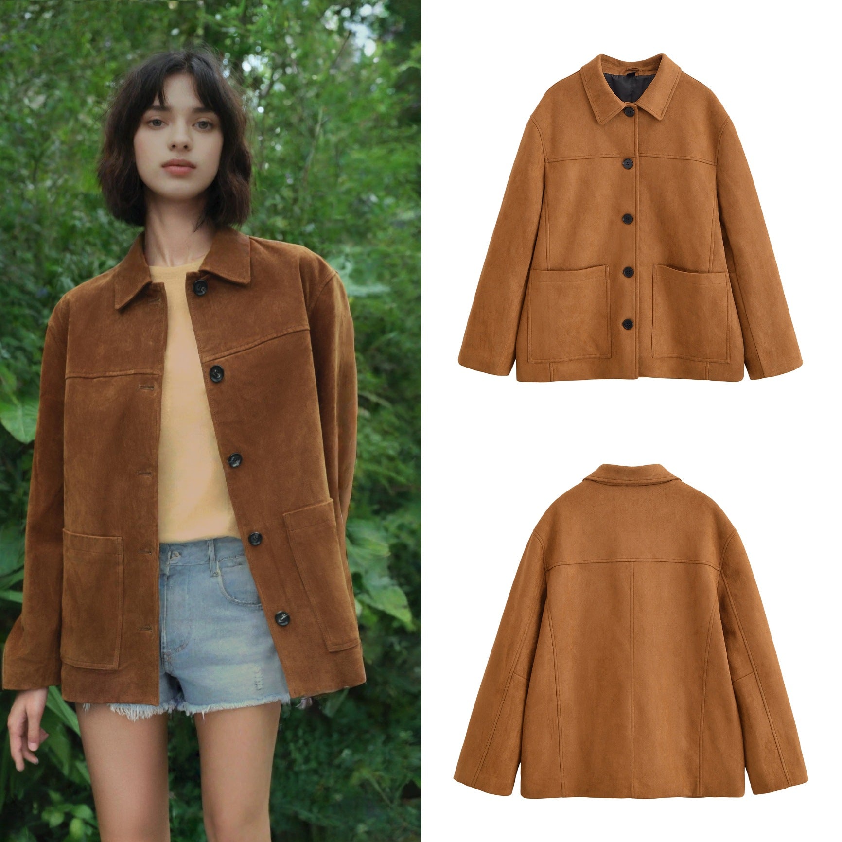Women's Boxy Utility Jacket in Suede Look with Shirt Collar and Large Patch Pockets Chichicherry