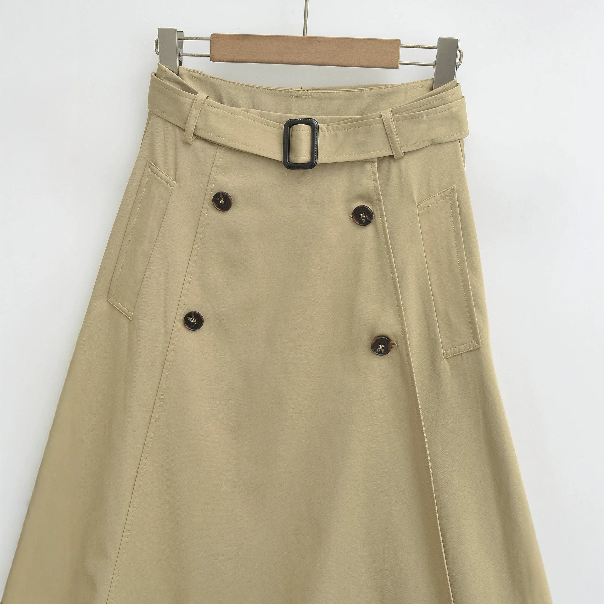 Women's A-Line Trench Skirt with Waist Belt and Decorative Button Placket Chichicherry