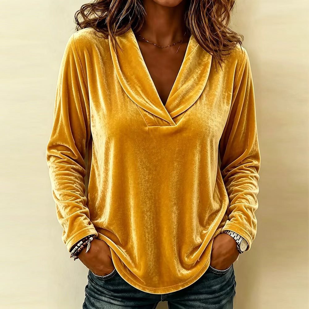 Ladies Velour Long Sleeve with Deep Shawl Collar and Rounded Hem Chichicherry