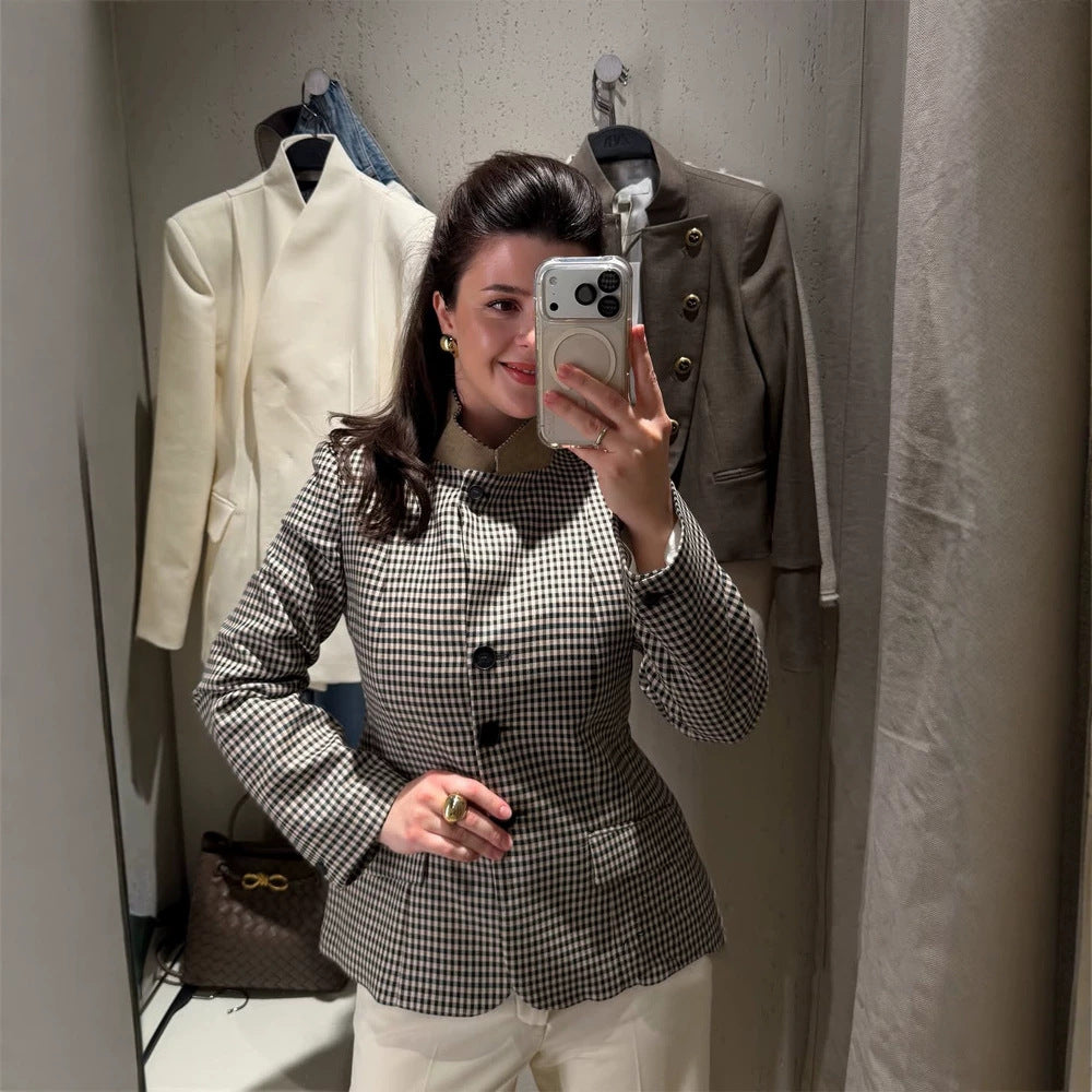 Women's Tailored Short Blazer in Vichy Check with Stand Collar and Curved Hem Chichicherry